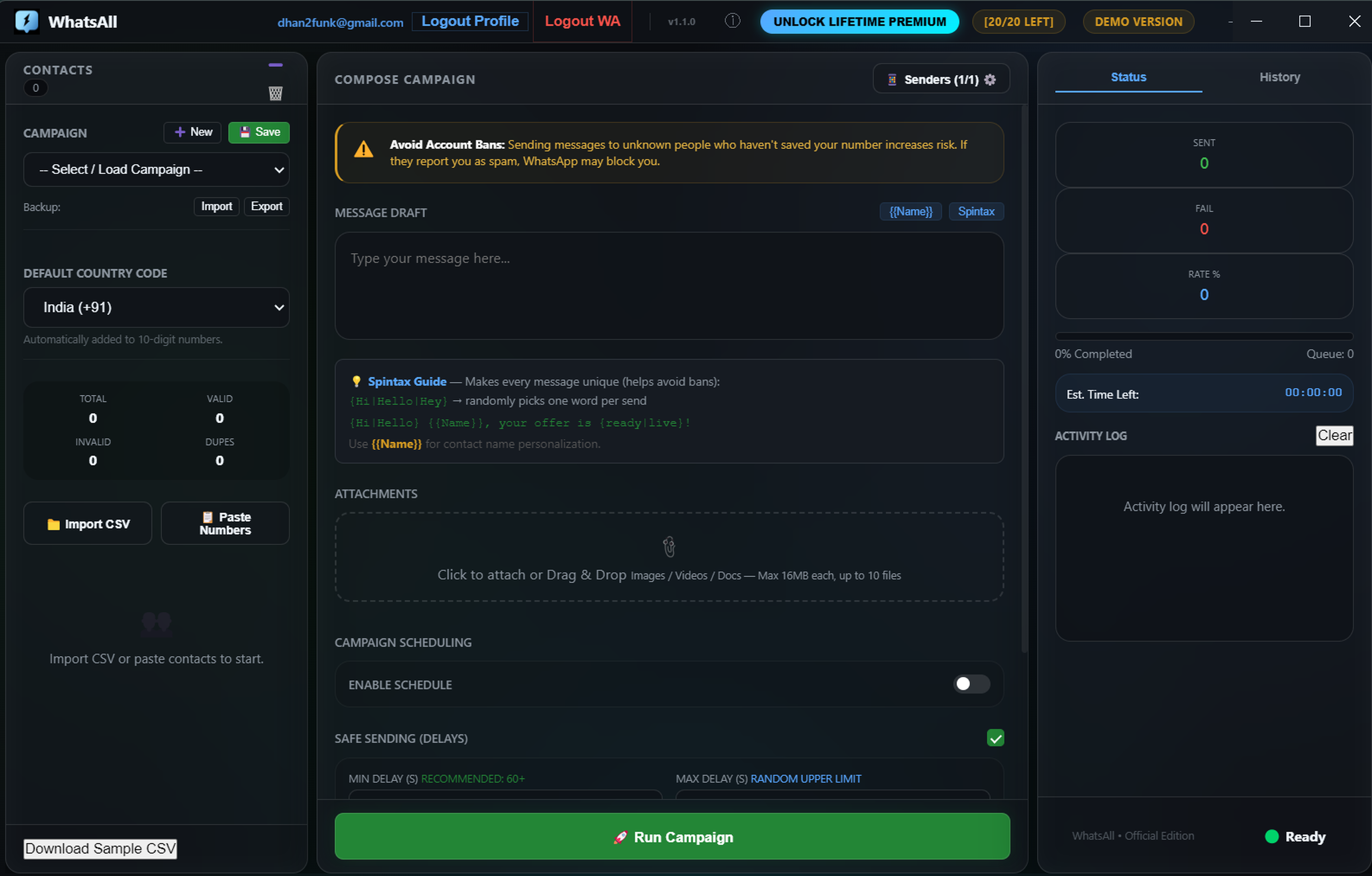 WhatsAll desktop app — full view of the bulk WhatsApp messaging cockpit